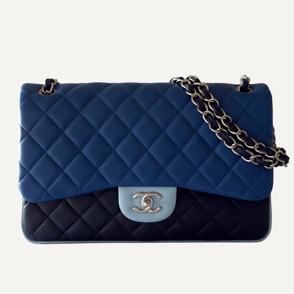 Chanel Jumbo Classic Double Flap Tricolor Blue Lambskin Bag